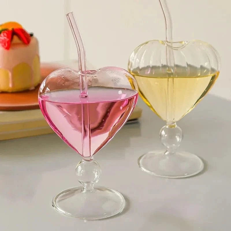 1pc Heart Shaped Cocktail Glass with Straw Clear Stemmed Wine Glass Creative Champagne Glasses Drinking Cups for Bar Pub Club