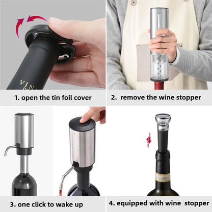 Four-panel instructional collage showing how to : open the tin foil cover, removing the wine stopper, waking the pump with one click, and the stopper equipped on a wine bottle.
