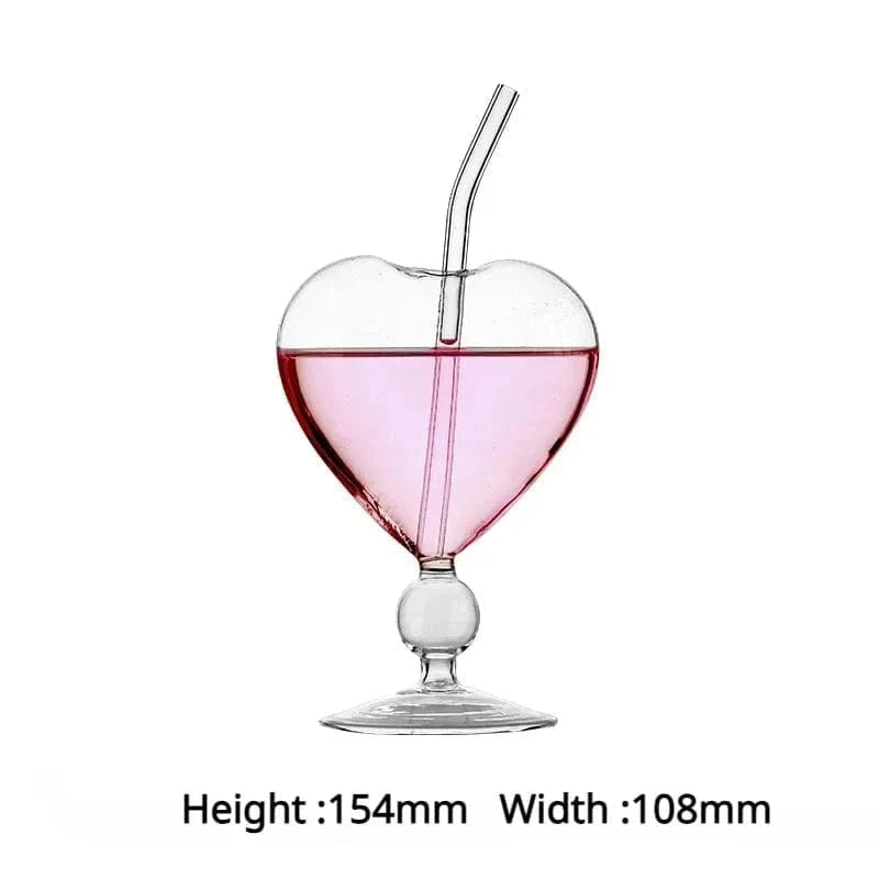 1pc Heart Shaped Cocktail Glass with Straw Clear Stemmed Wine Glass Creative Champagne Glasses Drinking Cups for Bar Pub Club