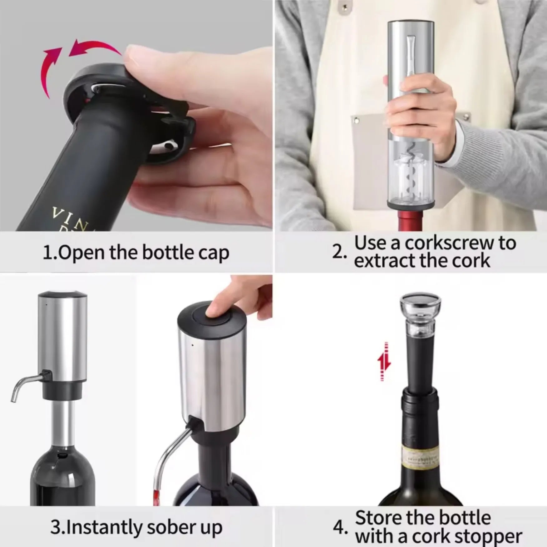 Step-by-step guide on using a wine bottle opener with text instructions.
