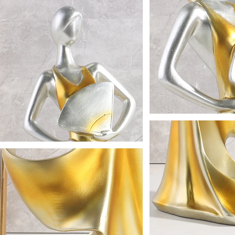 Close-up views of a decorative woman wine bottle holder with gold and silver finish, highlighting four different design details on a light grey background.