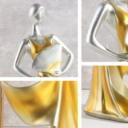 Close-up views of a decorative woman wine bottle holder with gold and silver finish, highlighting four different design details on a light grey background.