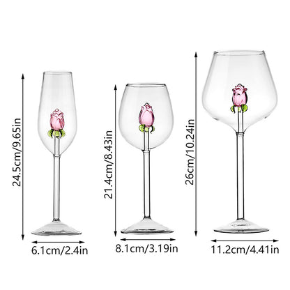 1 Piece Creative 3D Pink Glass Rose Build-in Red White Wine, Glasses, Cup Stemware Goblets, Champagne Flute, Household Lovely Gift