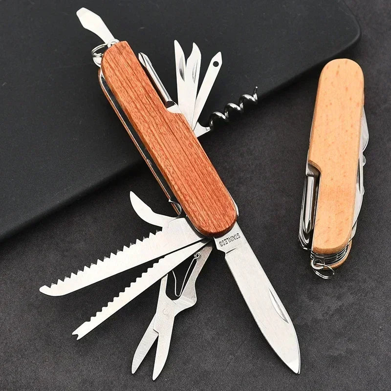 Multitool with wooden handle on a black background