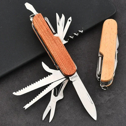 Multitool with wooden handle on a black background