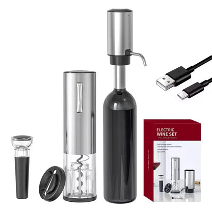 Electric wine opener set with packaging on a white background