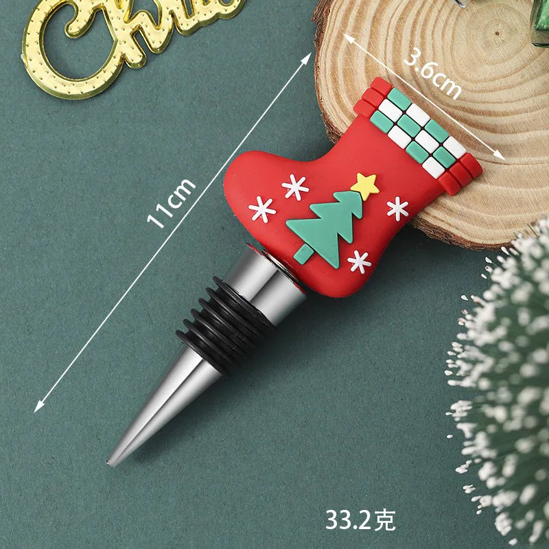 Christmas Stocking wine bottle stopper with measurements on a green background