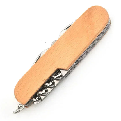 Wooden-handled multi-tool on a white background