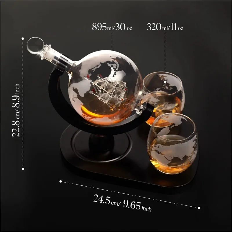Glass whiskey decanter set with two glasses on black background showing volume measurements