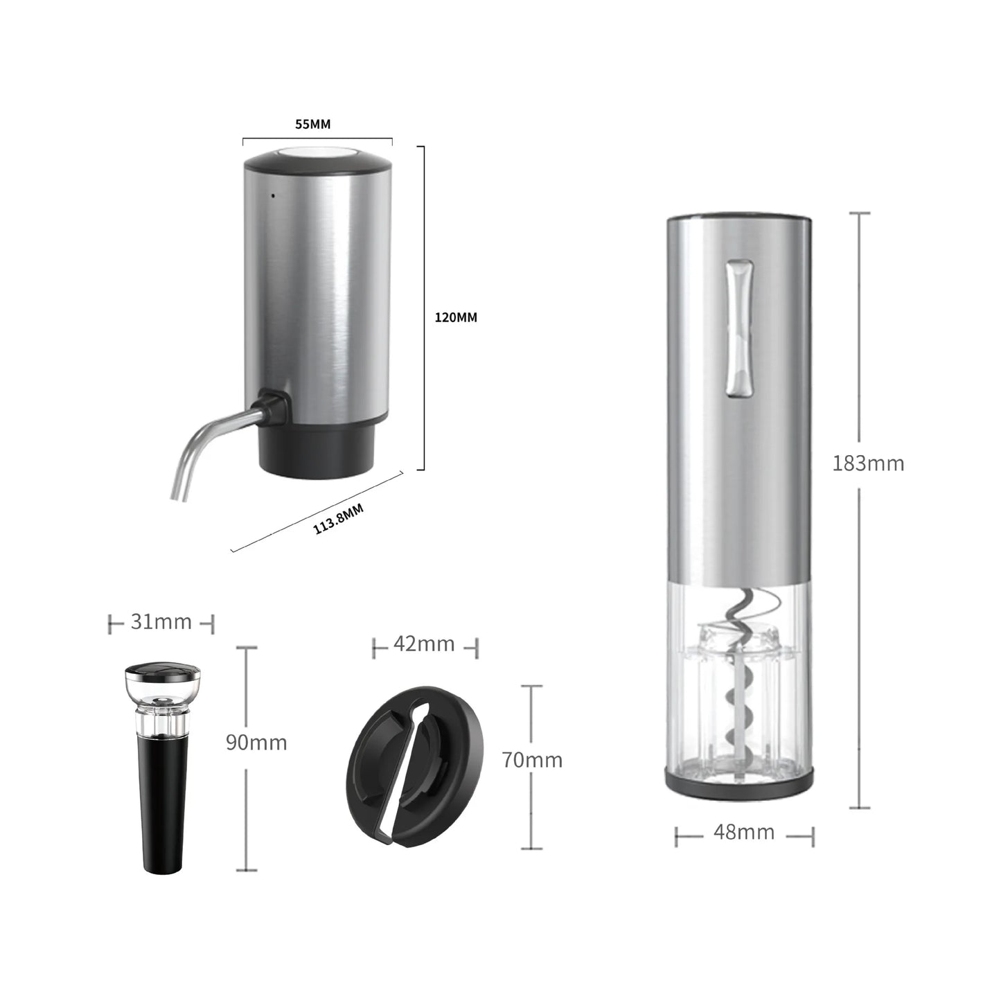 Electric wine bottle opener with dimension of all annotations showing the main opener, separate cap, and accessory pieces on a white background.