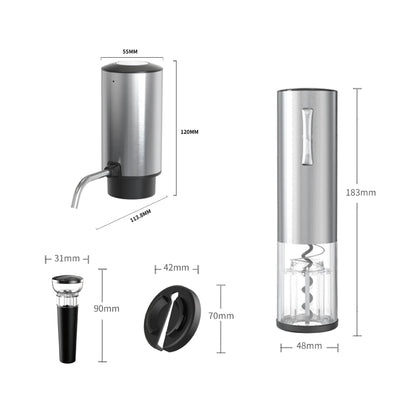 Electric wine bottle opener with dimension of all annotations showing the main opener, separate cap, and accessory pieces on a white background.