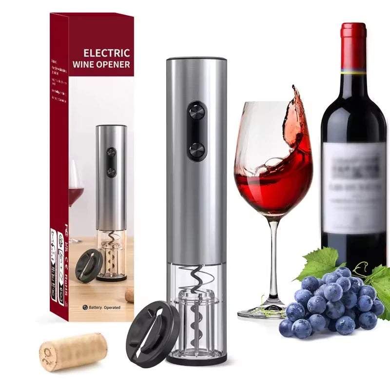 Electric wine opener with foil cutter, gift packaging, glass of red wine, grapes and wine bottle on white background