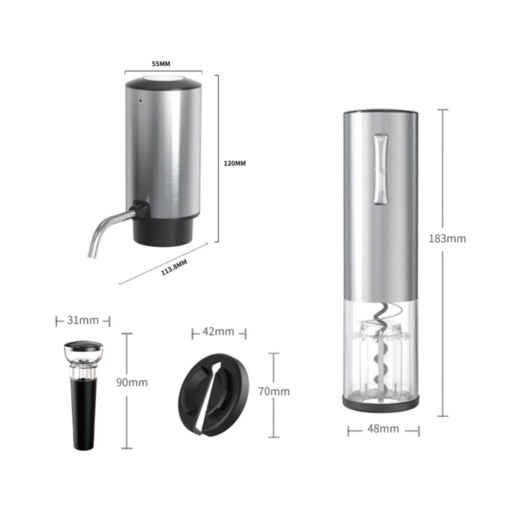 Electric wine opener with dimensions on a white background
