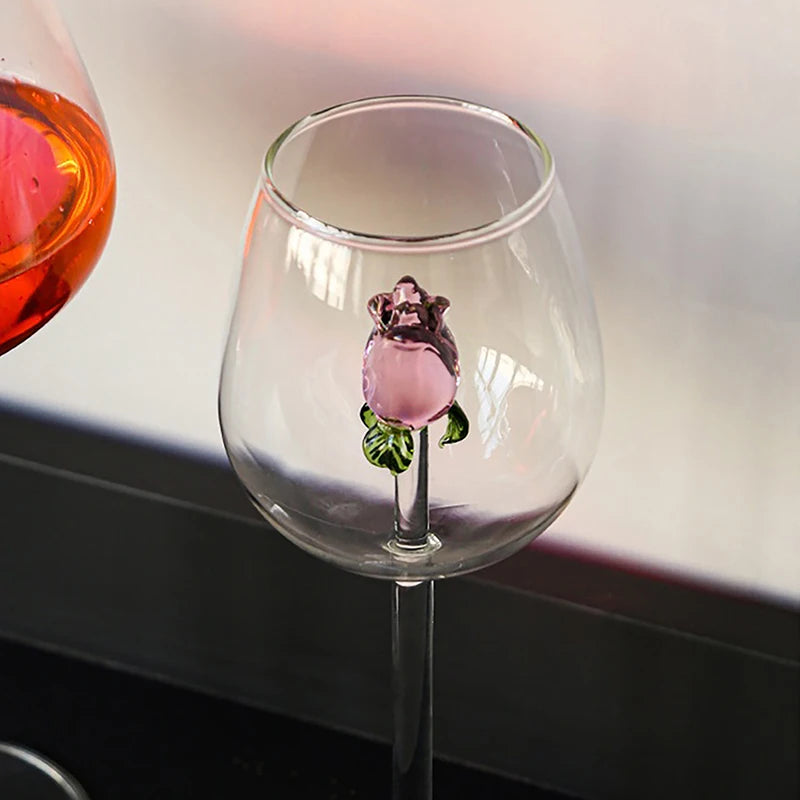 1 Piece Creative 3D Pink Glass Rose Build-in Red White Wine, Glasses, Cup Stemware Goblets, Champagne Flute, Household Lovely Gift