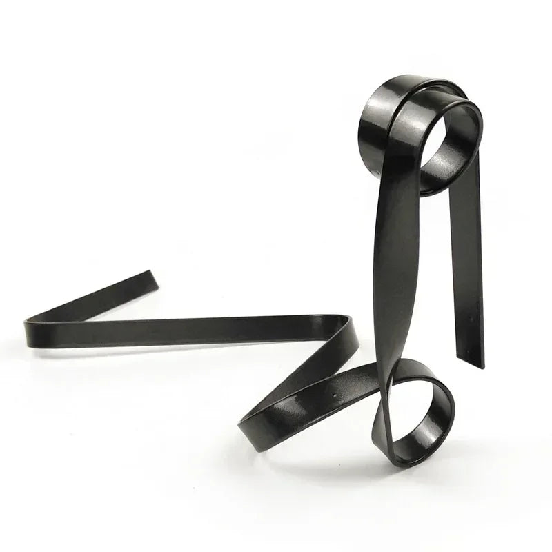 Black metal ribbon wine rack on a white background