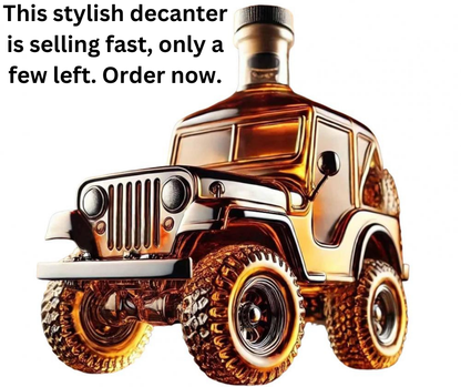 Decanter shaped like a Jeep with text indicating limited availability and a call to action.