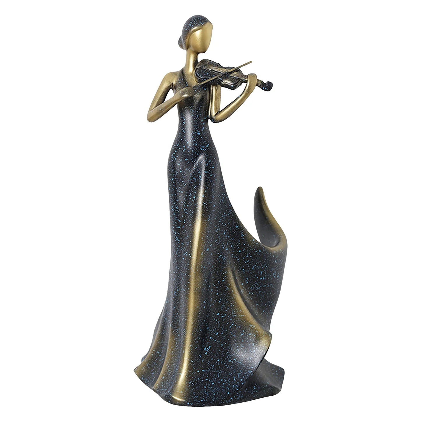 A decorative figurine of a woman in a long flowing gown playing a violin, shown on a plain white background. The figure has a metallic gold finish, while the gown is dark with a blue glittery speckled pattern.