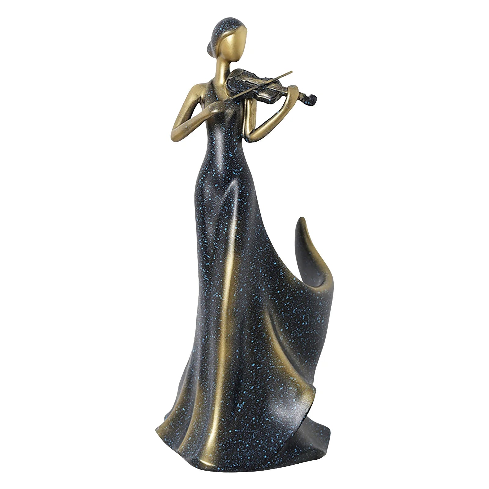 A decorative figurine of a woman in a long flowing gown playing a violin, shown on a plain white background. The figure has a metallic gold finish, while the gown is dark with a blue glittery speckled pattern.