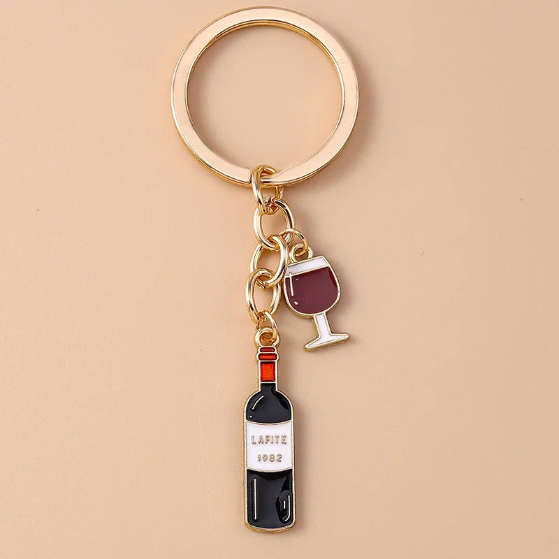 Cute Enamel Red Wine Keychain Simulation Drink Key Ring Pendant for Car Key Holder Women Girls Handbag Decor DIY Jewelry Gift