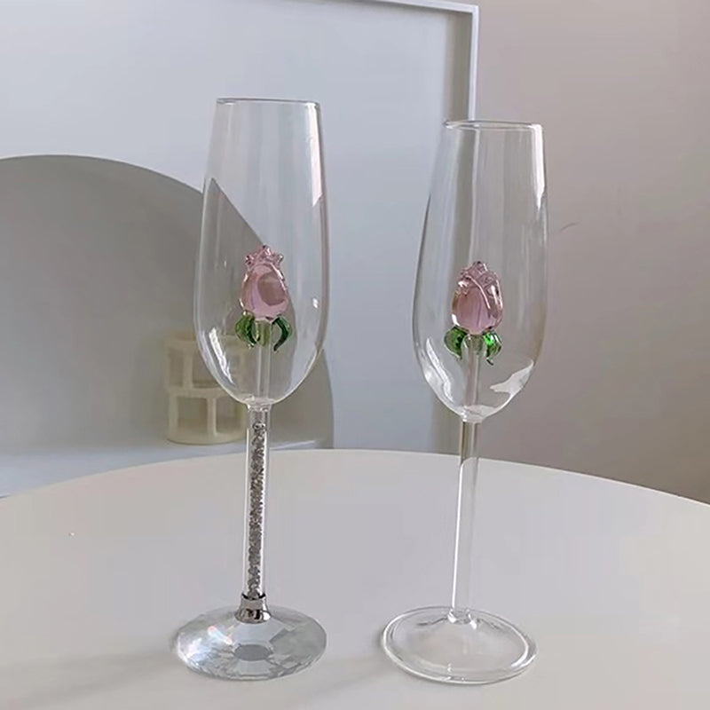 1 Piece Creative 3D Pink Glass Rose Build-in Red White Wine, Glasses, Cup Stemware Goblets, Champagne Flute, Household Lovely Gift