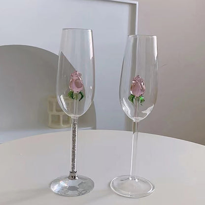 1 Piece Creative 3D Pink Glass Rose Build-in Red White Wine, Glasses, Cup Stemware Goblets, Champagne Flute, Household Lovely Gift