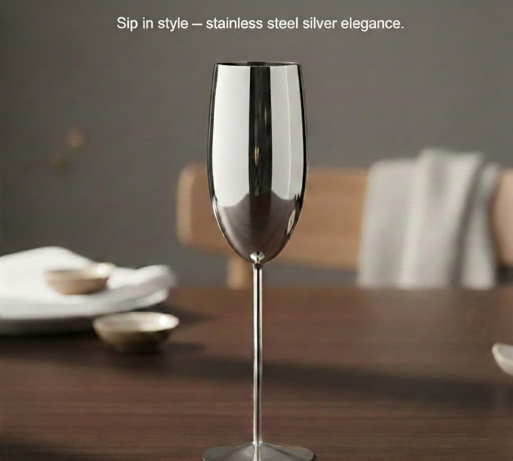 Stainless steel wine glass on a wooden table with a blurred background