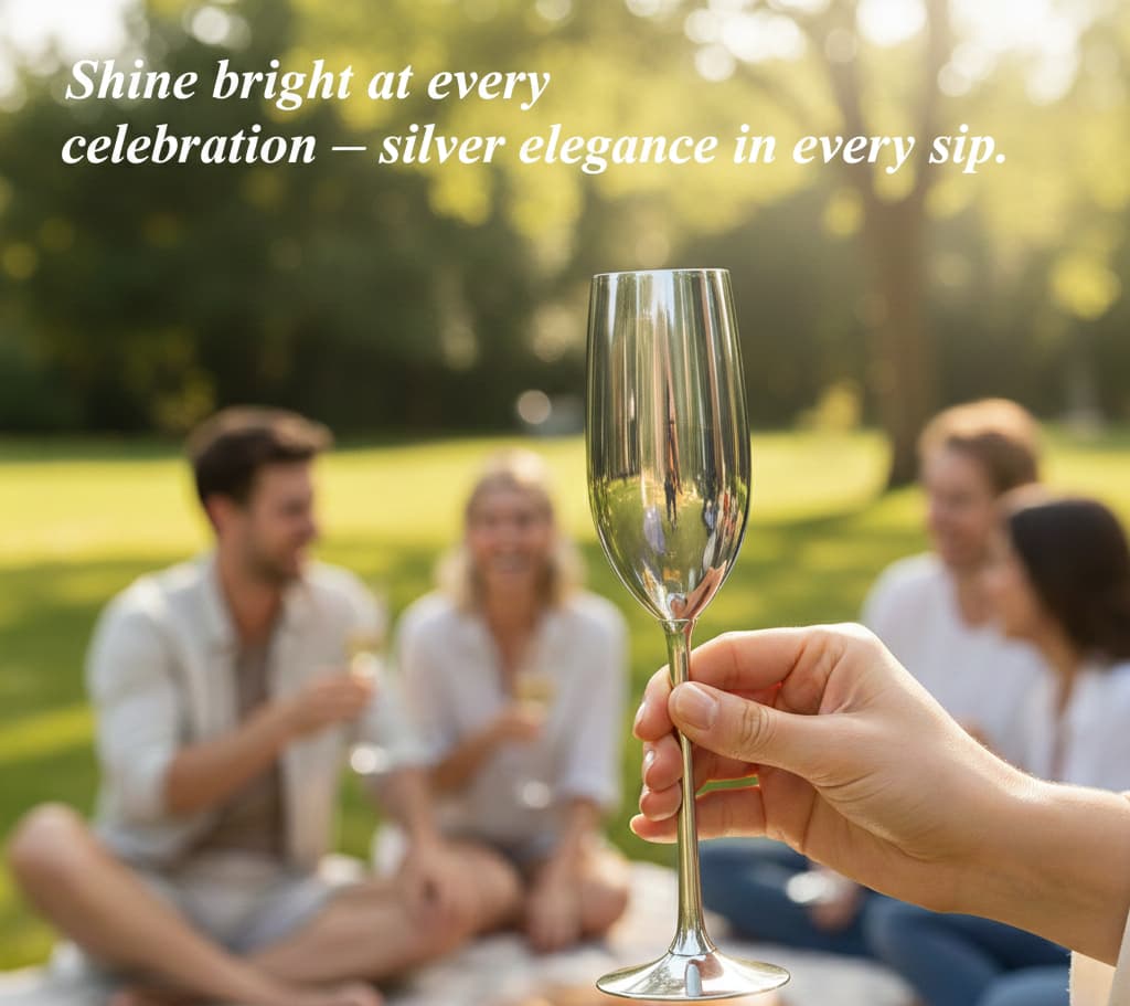 Person holding a silver champagne flute with friends in the background at a park.