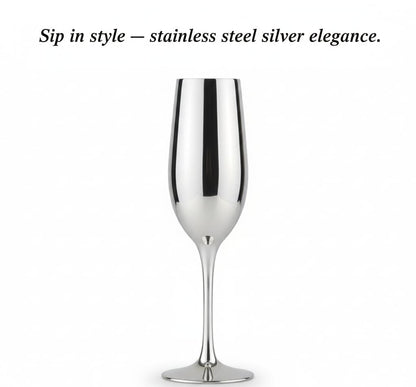 Stainless steel wine glass on a white background with text 'Sip in style - stainless steel silver elegance.'