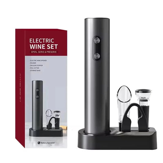 Electric wine set with black wine opener, vacuum stopper, and decanter on a white background.