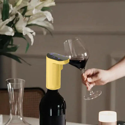 Yellow wine bottle stopper on a bottle with a glass of red wine in the background