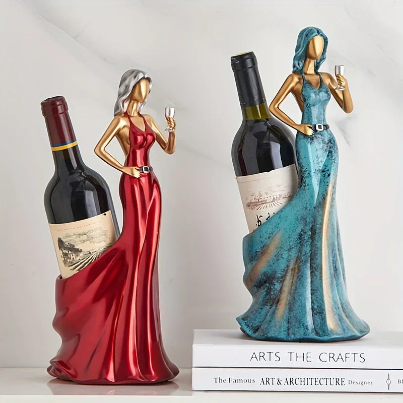 Elegant resin wine bottle holders in the shape of women in red and blue gowns, stylish decorative wine rack for home bar or dining table – Macs Sip and Serve.