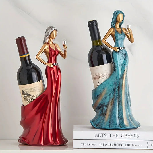 Elegant resin wine bottle holders in the shape of women in red and blue gowns, stylish decorative wine rack for home bar or dining table – Macs Sip and Serve.