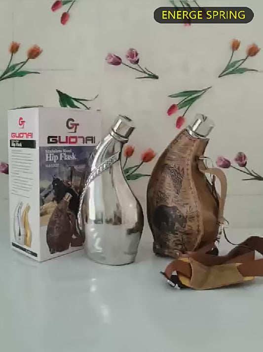 53oz Stainless Steel Horns Hip Flask, Portable Leather Case, Ox Horn Flagon With funnel high-capacity, Wine jug