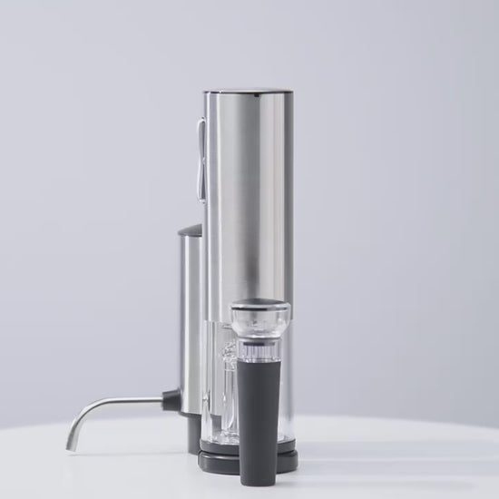 How to use the 4-in-1 Electric Wine Opener, Aerator & Dispenser, including the foil cutter, electric bottle opener, wine aerator dispenser and vacuum wine bottle stopper.