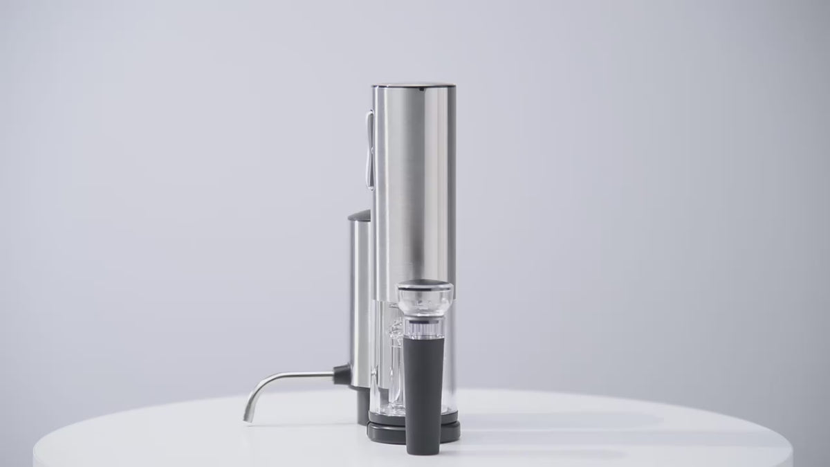 How to use the 4-in-1 Electric Wine Opener, Aerator & Dispenser, including the foil cutter, electric bottle opener, wine aerator dispenser and vacuum wine bottle stopper.