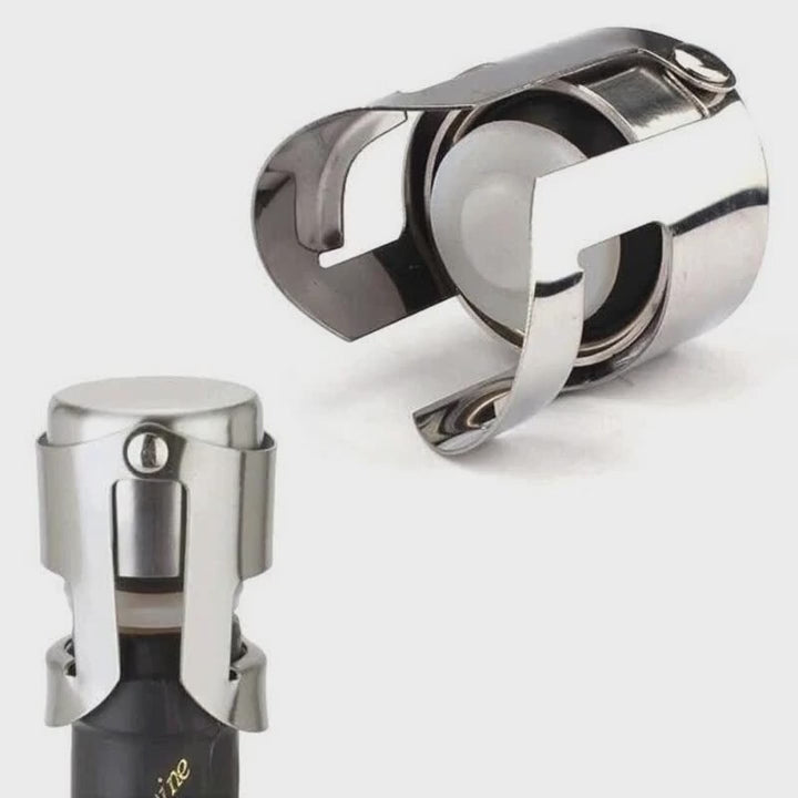 Video demonstrating a silver stainless steel Champagne and sparkling wine bottle stopper on a white background