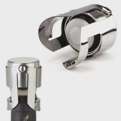Video demonstrating a silver stainless steel Champagne and sparkling wine bottle stopper on a white background