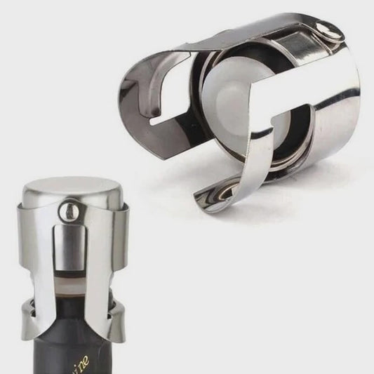Video demonstrating a silver stainless steel Champagne and sparkling wine bottle stopper on a white background