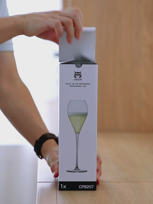 Video showing CRISON crystal glassware gift box with wine being poured into elegant stemware, highlighting premium gifting and refined entertaining experience