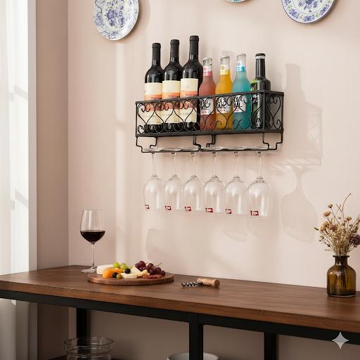 Wine rack with bottles and glasses on a wall above a wooden table with wine and snacks.