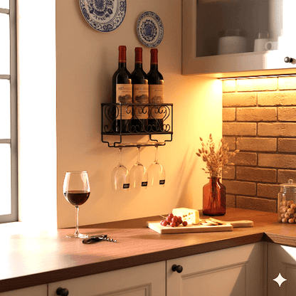Wall-Mounted Wine Rack with Glass Holder – Rustic Metal Bottle Shelf for Home Bar & Kitchen Décor