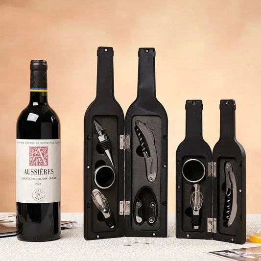 Complete wine accessory kit including opener, stopper, pourer, and aerator.