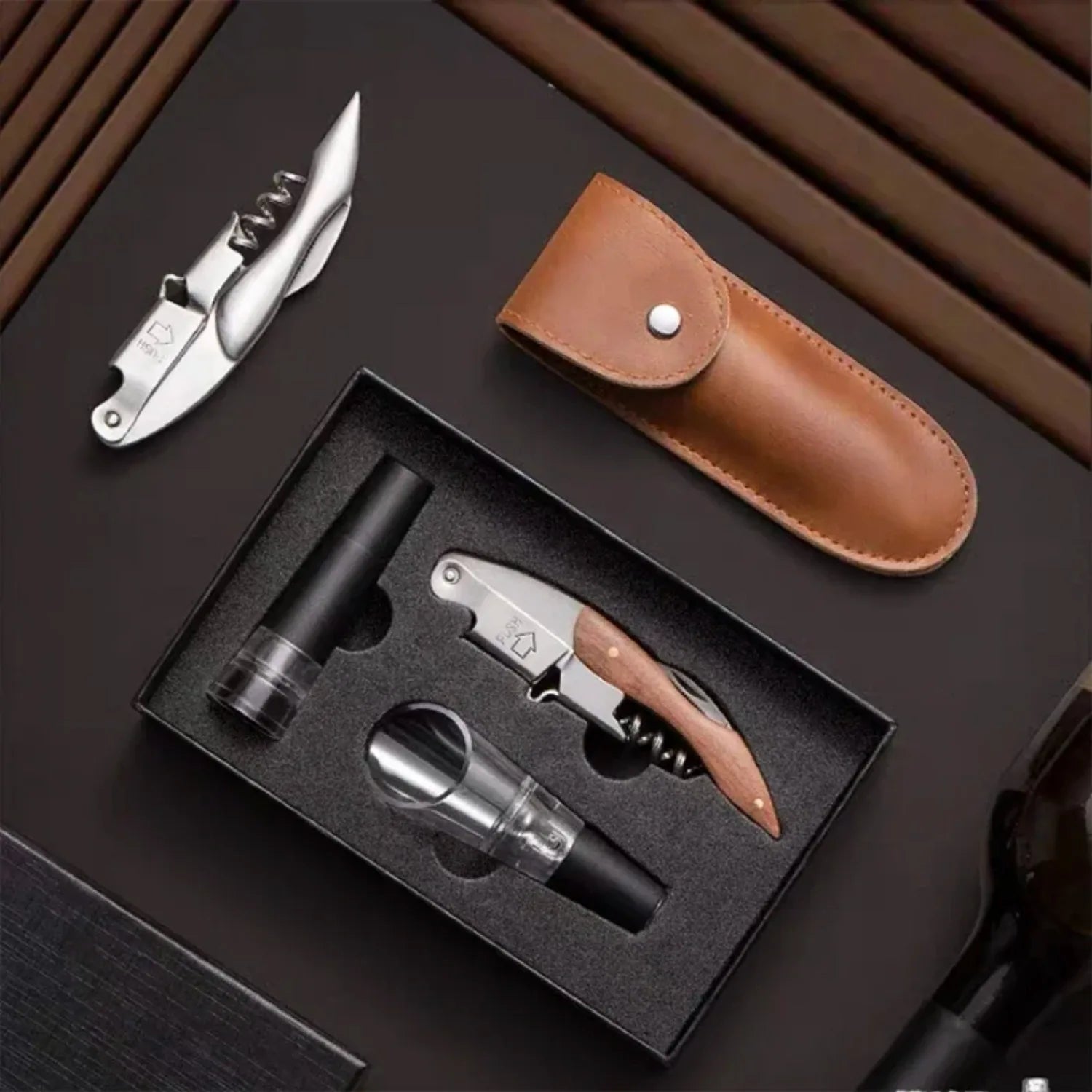 Stainless steel wine bottle opener with ergonomic handle.