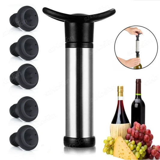 Vacuum wine preserver with black nozzles and a close-up of usage on a white background.